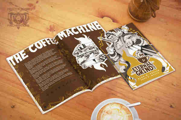 Two copies of The Eternal Grind Café on a coffee table. One shows the cover (an orc forced to be a barista and none too happy about it), and the other an open spread from the zine, showing the evil coffee machine entry.