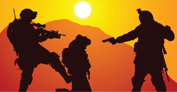 graphic of 2 soldiers pointing gun at a sitting man