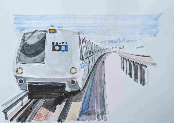 A watercolor sketch of a first generation BART train heading towards you, its rear cars curving to the right, between MacArthur and Rockridge on the Pittsburgh-Antioch line. Under a pale blue sky in the distance, the hazy skyline of San Francisco can be seen. To the right you see the edge of Highway 24. 