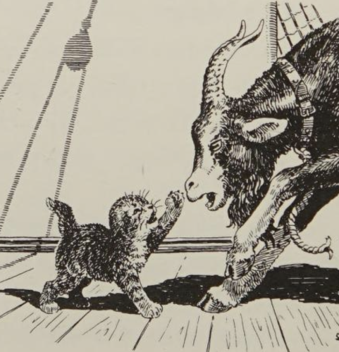 Black ink illustration on off-white background depicting a little shorthaired tabby kitten standing on a wooden ship deck, bravely facing off against a goat. They are face to face and the kitten has one paw raised toward the goat's nose as if saying "stop!"