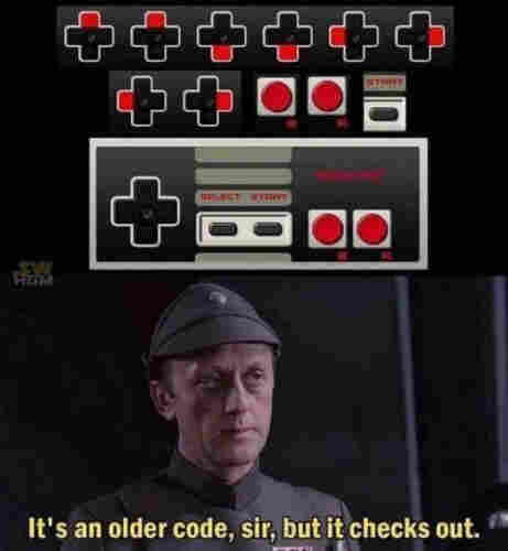 The image is a meme with two parts: the top half shows several variations of classic Nintendo game controllers, and the bottom half contains a Admiral Needa from Return of the Jedi with the caption "It's an older code, sir, but it checks out."
