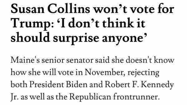 Headline Susan Collins won’t vote for Trump: ‘I don’t think it should surprise anyone’

Fucking bint 