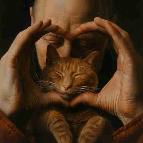A detailed painting that portrays a person forming a heart shape with their hands around a resting ginger tabby cat. The person's face is partially visible at the top of the image, eyes closed, conveying a sense of peace and contentment. The cat is in the foreground, its eyes blissfully shut, and appears completely relaxed within the heart-shaped frame made by the person's fingers. The hands and the cat are depicted with striking realism, the textures of skin and fur are rendered with meticulous attention to detail. The mood of the painting is tender and warm, highlighting a deep bond between the person and the cat. The background is dark, focusing all attention on the central figures.