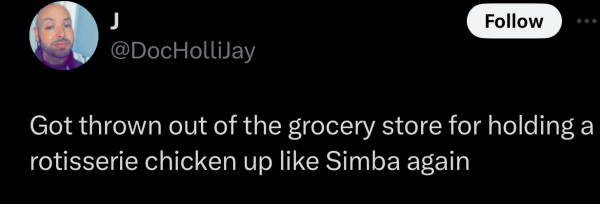 Screenshot of a social post by '@DocHolliJay' on the social platform 'X' that says: 'Got thrown out out of the grocery store for holding a rotisserie chicken up like Simba again'