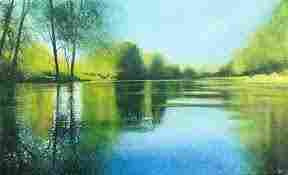 Painting of a wide blue river, with the light green of the trees on both sides of the river reflected in it. The sky is light blue with some transaparant white clouds. 