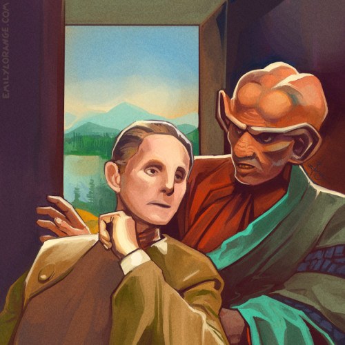 a digital painting of Star Trek: Deep Space Nine characters, Odo and Quark, seated and having what appears to be a thought provoking discussion. Odo is the main focus, appearing lost in thought and looking away to the right of the image, and Quark is positioned slightly behind him, looking down at him, making a suggestion. The background shows a soft lake and mountains with trees shown through an open, rectangular window. They are both dressed in something similar to their show costumes, but changed into robes.