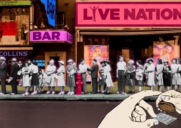 A Depression-era Chicago street-scene, featuring a long line of frustrated people standing in front of a series of store-fronts. The image has been altered. It has been colorized. A Live Nation sign has been matted in on one of the storefronts. In the foreground, a disembodied pair of hands perform the shell-game reveal, and beneath the shell is a Ticketmaster ticket.