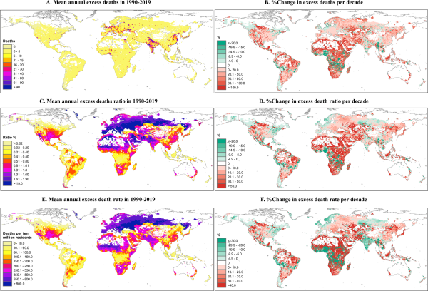 Global maps of heat deaths, heat death ratio, and heat death rates