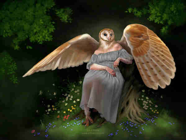 Painting of an owl-headed woman seated on a twisted tree stump throne. She wears a gauzy gray dress and her feet and hands are taloned. Her wings are raised behind her. The background is a dark, eerie forest with soft warm light framing the woman.