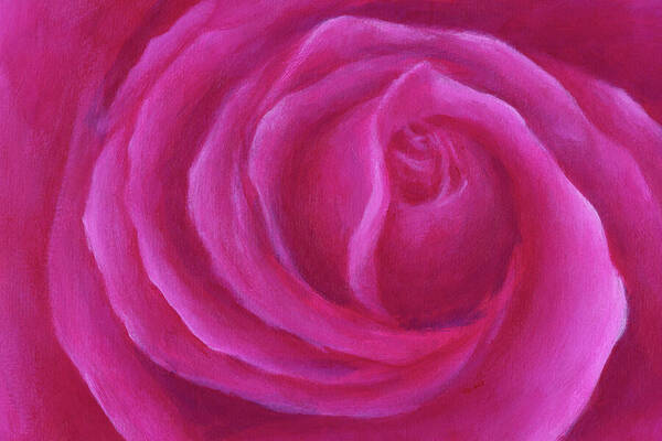 Pink rose spiral is an acrylic painting in landscape format hand-painted by the artist Karen Kaspar.
A close-up view captures a vibrant pink rose with its petals softly unfolding in a spiral. Shades of pink create depth and dimension within the bloom, highlighting the natural beauty of the flower.