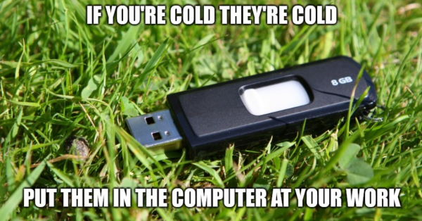 a picture of a black USB drive lying in the grass with the caption "if you're cold they're cold; put them in the computer at your work"