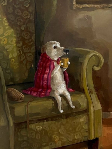Oil painting of a white terrier sitting in a large olive-colored armchair, with a red blanket around her shoulders and a mug of sonething warm in her hands 