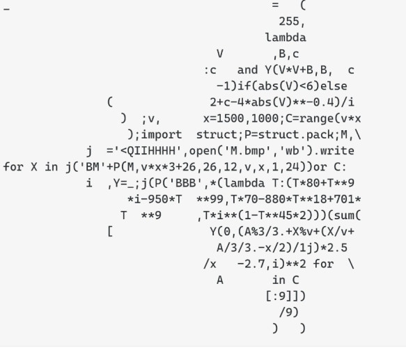 Python code in obfuscated, terse form arranged in the shape of the Mandelbrot set fractal. The code itself produces an image of the fractal.