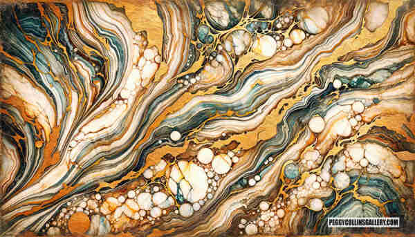 Abstract art in colors of gold, cream and shades of blue, by artist Peggy Collins.