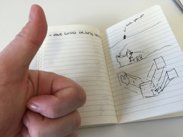 Thumbs-up in foreground, image of a design notebook next to it. On the right, a layout for a Super Death Fortress level.

On the left, “have lunch or some shit” is the only item on a to-do list
