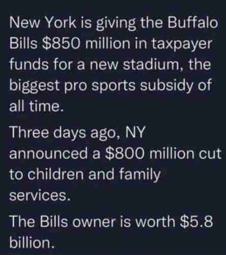 Text on a dark background discussing the allocation of $850 million in taxpayer funds to the Buffalo Bills for a new stadium, the reduction of $800 million in children and family services funds by New York State, and the net worth of the Bills owner being