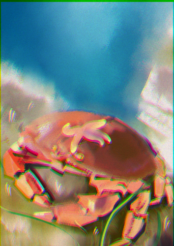 A blurry painting of an atlantic crab with a starfish on its head.