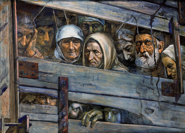 Piece titled 'Train of Death'. Painting of a cattle wagon packed with standing people. Haunted faces peer out between the wooden boards. Elderly men with white beards. Elderly women with headscarves. Fearful children. The boards are barred with metal. Barbed wire covers the gaps.