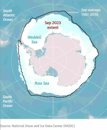recent extent of sea ice in the Antarctic.