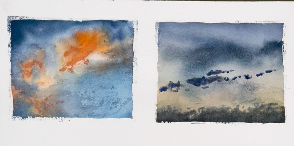 Two watercolor paintings of clouds side by side. The first features yellow and orange lit clouds against a blue-gray sky. The second features a yellow-blue sky with dark blue and gray clouds in the foreground.