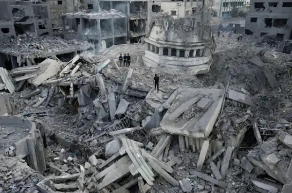 The grey rubble of the ruins of a Mosque in Gaza. It was bombed and destroyed in October 2023 by Israeli forces at the beginning of the war.

https://theconversation.com/the-destruction-of-gaza-s-historic-buildings-is-an-act-of-urbicide-223672