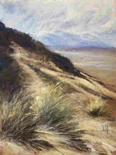 A vertical landscape painting of a rocky, barren trail. Dried brushes are whipping in wind. Snow-covered mountains afar, skies are crazy with stormy clouds. 
