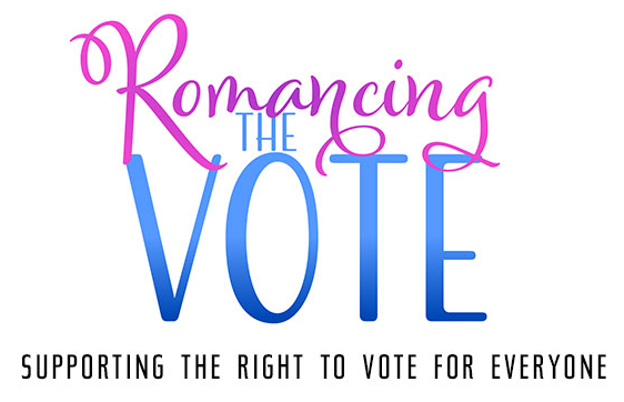 The logo for Romancing the Vote, with the words in elegant and very readable fonts, going from pastel pink to pastel royal blue, and the text, "supporting the right to vote for everyone" at the bottom in black font.