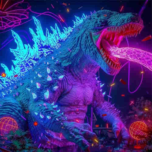 A dramatic and vibrant portrayal of Gojira, (Godzilla) towering and formidable. The creature’s scales and spiky back are illuminated with neon blues and purples, reflecting the vivid, neon-lit cityscape it occupies. Gojira is unleashing a powerful stream of plasma from its mouth, glowing intensely with hot pinks and purples, suggesting a ferocious roar or battle cry. The surrounding environment adds to the intensity, with scattered light particles and a dynamic, cyberpunk aesthetic. The city at night, combined with the electric energy of Gojira’s plasma and the neon hues, creates a scene that is both menacing and mesmerizing.