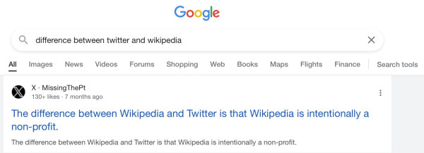 Google search “difference between Twitter and Wikipedia” yields as its top hit a Missing The Point post “The difference between Wikipedia and Twitter is that Wikipedia is intentionally a non-profit.