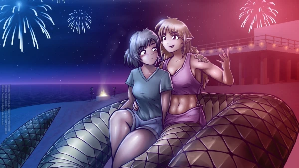 A digital illustration of a human woman and a lamia on a beach at night.

The human woman and the lamia are sitting closely beside each other. The lamia has her hand around the human woman's waist, and is gesticulating excitedly with her other hand while talking and looking into the distance. The human woman is blushing and looking into the eyes of the lamia.

The lamia's tail is loosely looped around the two of them. Her scales are brown-ish. The human woman's hair is grey.

There are fireworks in the background, and some stick figures around a bonfire.