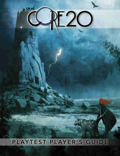 The cover of the CORE20 “Playtest Player’s Guide” with art with Xavier Beaudlet. Beneath a cloudy night sky, a red-haired warrior with a longbow in hand stands atop a rocky rise with their white tiger companion at their side. They watch a ruined tower in the near distance, which has lights glowing in two windows, a spectral apparition rising from the open ground-level entrance, and monstrous bats circling in moonlight above.