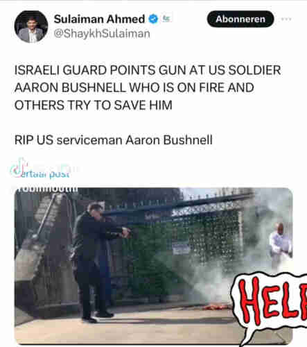 image of Israeli embassy guard pointing a gun at the dying American protester.
