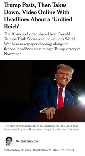 Trump at a podium with a screen shot of an article about Trump and a unified Reich. 