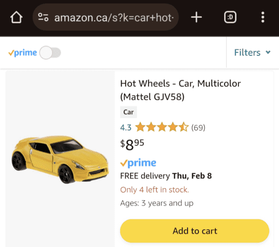 Yellow Hot Wheels sports car toy, 8 dollars and 95 cents at Amazon.ca