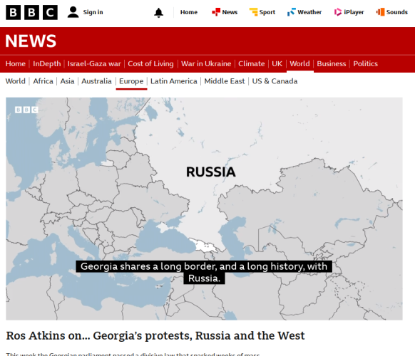 Screenshot from BBC website with the video depicting a large map of Europe, where Crimea belongs to Russia but Donbas is still part of Ukraine
