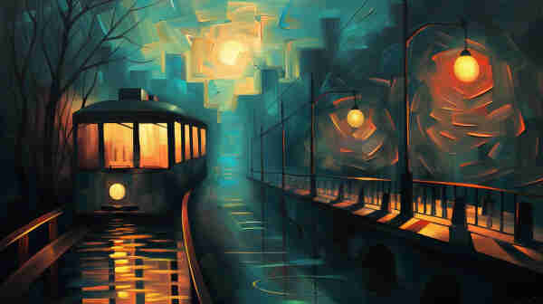A stylized painting of a city scene at night, influenced by Vincent Van Gogh’s “Starry Night.” A tram is depicted on the left, its interior glowing warmly, traveling along tracks that reflect the light onto the road. The scene is flanked by dark, bare trees to the left and a row of street lamps to the right, casting an orange glow. The sky and the city in the background are rendered in swirling patterns of blue and yellow, evoking Van Gogh’s iconic style. The road ahead curves gently, with the bridge and street lamps repeating into the distance, adding depth to the image. The painting blends elements of reality with expressive, dreamlike qualities to create a captivating urban nightscape.