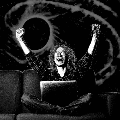 ink sketch style image of a person with long hair and glasses in a flannel shirt and jeans sitting crosslegged on a couch with a laptop in their lap, holding up their arms in excitement or victory with a broad smile on their face and cosmic-style background behind them