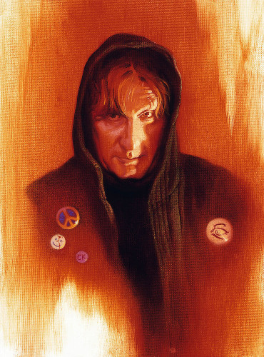 With hood up, the light catches Walter from the right casting shadows across his face. His head is tilted forward with eyes fixed on the audience, intensity locked in the set of his stare. On his chest a glossy button is pinned with the stylized eye of the Crimson king in dark red on white. On the opposite breast are buttons with a peace sign, a smiley face with bleeding from a bullet hole in the forehead, and a simple black "CK" on purple. The detail of the bust portrait emerges from a thin wash of red showing through in the background to the texture of canvas. 
