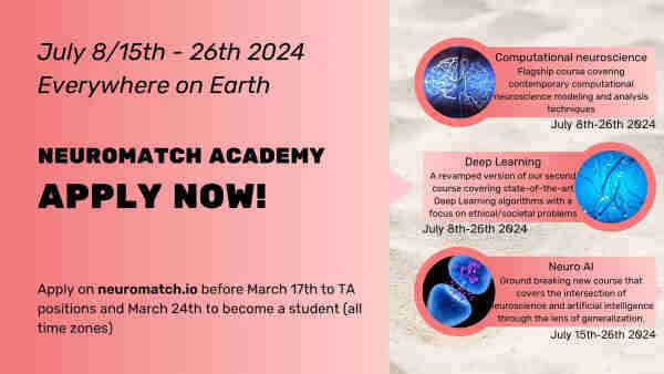 Left panel has the following text:
JuIy 8/15th - 26th 2024  
Everywhere on Earth

NEUROMATCH ACADEMY
APPLY NOW!

Apply on neuromatch.io before March 17th to TA positions and March 24th to become a student (all time zones)

Right panel has the following text:

Computational neuroscience 
Flagship course covering contemporary computational  neuroscience modeling and analysis techniques 
July 8th-26th 2024  

Deep Learning
A revamped version of our second course covering state-of-the-art Deep Learning algorithms with a focus on ethical/societal problems
July 8th-26th 2024 

Neuro Al 
Ground breaking new course that covers the intersection of neuroscience and artificial intelligence through the lens of generalization. 
July 15th-26th 2024 