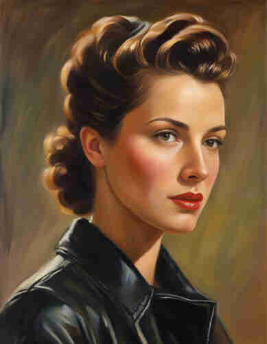 An AI generated image of Verda Bagley, wearing a black, leather jacket, set in 1945.

Her hair is brown and tied back on her head, to keep it out of the way.  Her eyes are also brown.