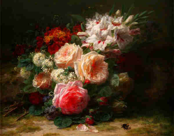 Vintage painting of a beautiful bouquet of roses and lilies.