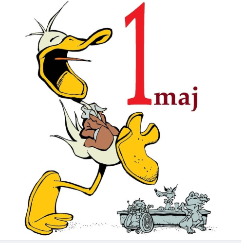 Cartoon of Swedish character Arne Anka with the text 1maj. May first in Swedish
