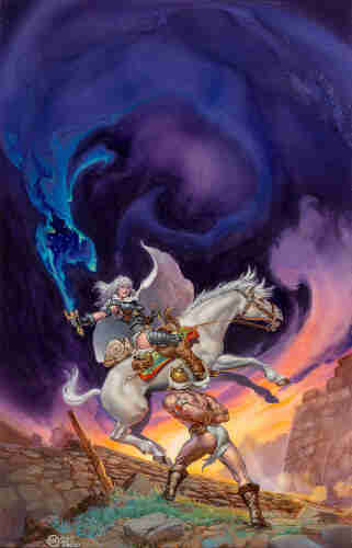 A warrior with arms strapped behind his back stares up at white haired sorceress rearing back on her white horse. Sitting back in the saddle, she holds out her sword. Blue energy ripples along the blade and a rift opens showing through to stars. The sky is a dark swirl of blue and purple behind her—although bright sunlight warms the horizon. It's unclear at first whether Morgaine is attacking or freeing the man. He wears only a long loin cloth, peaked helm, and boots. There's a blood bandage wrapping his upper arm. Morgaine wears a breast plate with chain beneath and banded armor over her bare thighs. Her pure white cape billows, an echo of the chaotic sky.
