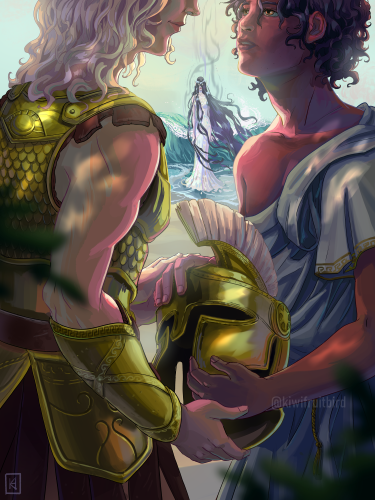 Illustration of Achilles and Patroclus both holding a golden Greek helmet with the water nymph Thetis looming in the background on a beach