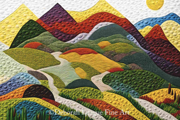 Quilted mountain vista, early autumn.

A vibrant quilt features an abstract landscape with rolling hills, a winding path, and a variety of colorful patterns. The detailed stitching adds texture to each segment, enhancing the three-dimensional effect of the hills and valleys.