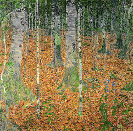 An oil painting of a birch grove focusing on the lower trunk and ground which is covered in yellow leaves. Moss is growing along some of the tree trunks.