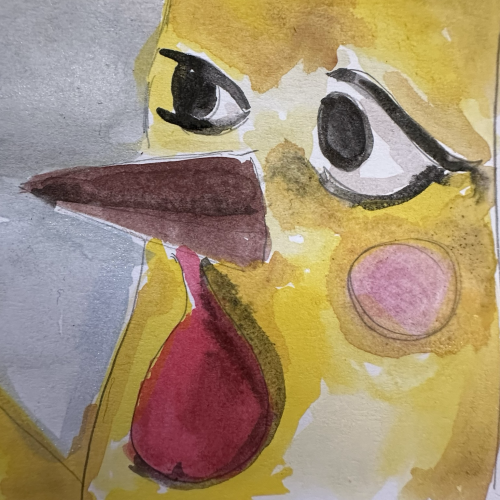 A watercolor close up of one of the birds from Pick a Little, Talk a Little