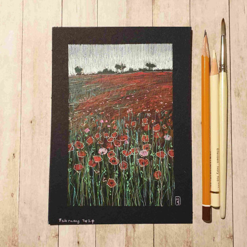 Original drawing - Poppy Field
A drawing of a field of red poppies. The drawing was created using colour pencil and mixed media on artist quality acid free black paper.
Materials: colour pencil, mixed media, artist quality acid free black paper
Width: 5 inches
Height: 7 inches