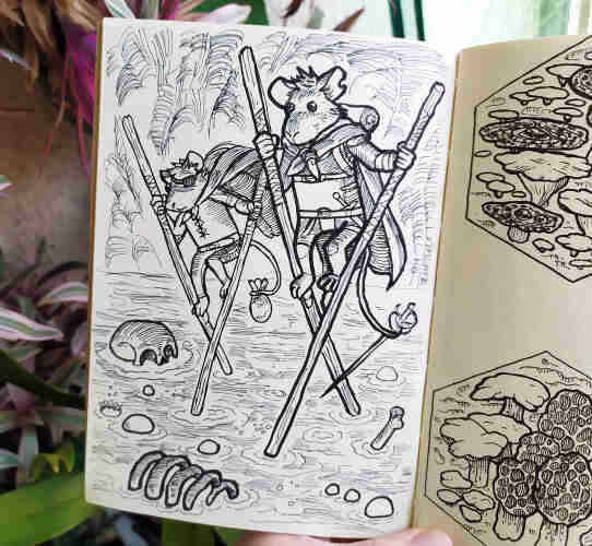 sketchbook page photo with the drawing of two mice adventurers using stilts to traverse an acid swamp.