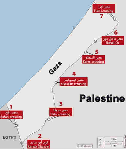 map of Gaza with the 7 entry points highlighted.